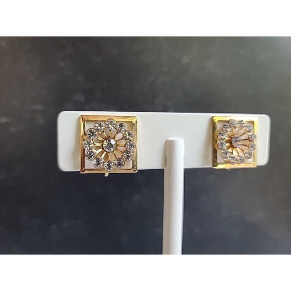 Square Shaped Clear Rhinestone Screwback Earrings Vintage - Picture 5 of 10